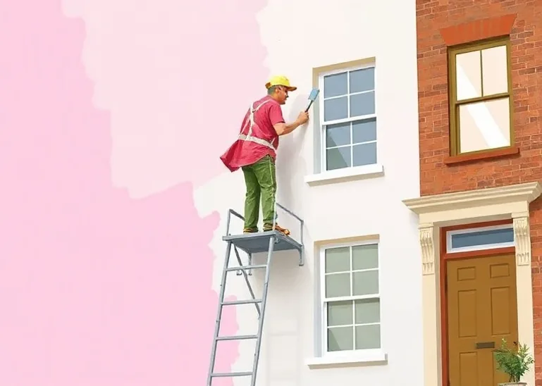 Peintre sur échafaudage traitant la façade d'une maison