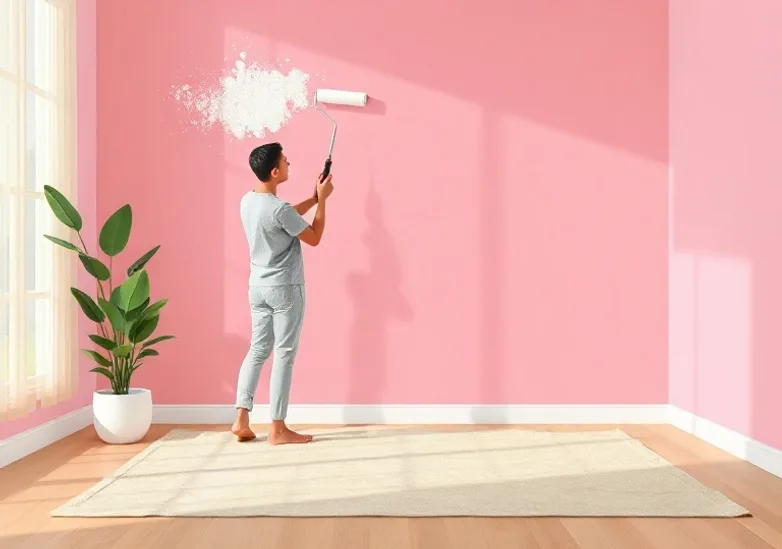 Peintre appliquant la peinture au rouleau sur un mur de salon